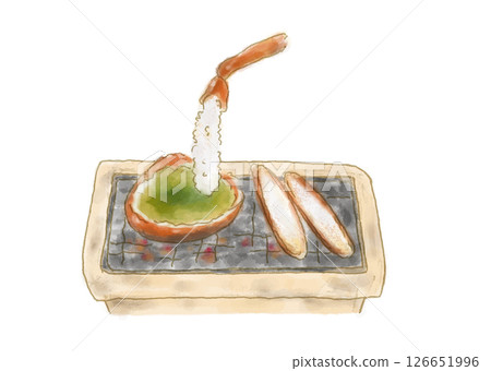 Watercolor hand-drawn style grilled crab on a charcoal grill 126651996