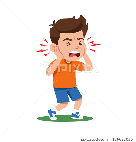 Boy experiencing ear pain with orange shirt and blue shorts vector illustration Boy experiencing ear pain with orange shirt and blue shorts vector illustration 126652039