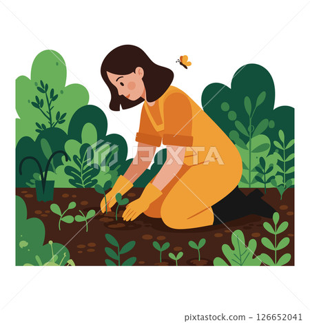 Woman Gardening Planting Seedlings in Soil Surrounded by Green Shrubs Vector Illustration 126652041