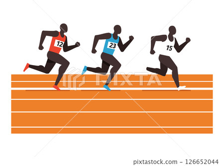 Three male runners competing in a sprint race on an orange track vector illustration Three male runners competing in a sprint race on an orange track vector illustration 126652044