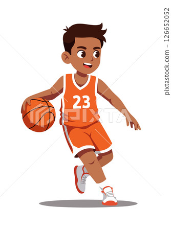 Young boy basketball player dribbling ball in orange jersey and sneakers vector illustration 126652052