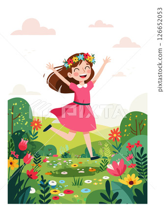 Happy girl dancing in colorful flower garden with green plants and blue sky vector illustration 126652053