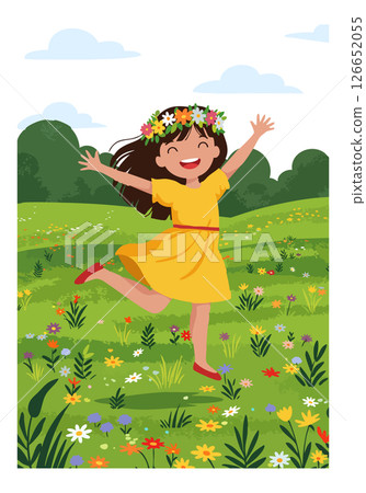 Happy girl dancing in flower meadow with floral wreath on head vector illustration Happy girl dancing in flower meadow with floral wreath on head vector illustration 126652055