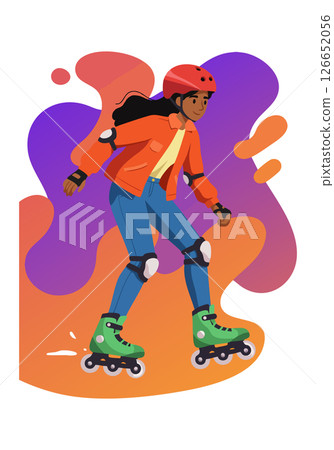 Young woman rollerblading with protective gear in vibrant orange and purple background vector illustration Young woman rollerblading with protective gear in vibrant orange and purple background vector illustration 126652056