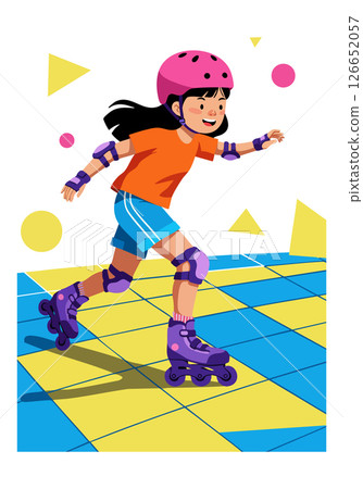 Girl roller skating in orange shirt and blue shorts with protective gear vector illustration 126652057