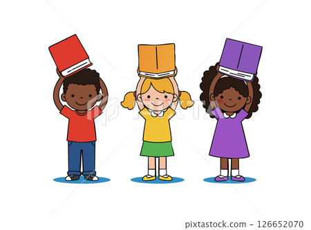 Children holding books on heads diverse kids learning education concept vector illustration Children holding books on heads diverse kids learning education concept vector illustration 126652070