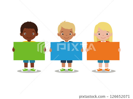Diverse children holding colorful blank signs green blue orange vector illustration Diverse children holding colorful blank signs green blue orange vector illustration 126652071