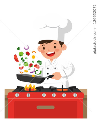 Chef Cooking Stir Fry Vegetables on Red Stove Kitchen Illustration Vector Chef Cooking Stir Fry Vegetables on Red Stove Kitchen Illustration Vector 126652072