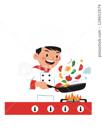 Boy chef cooking vegetables on stove with frying pan illustration in cartoon style 126652074