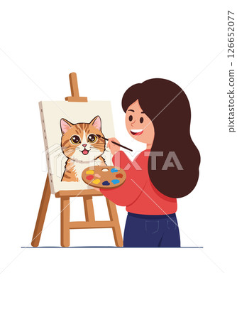 Woman painting cute cat portrait on easel with palette and brush vector illustration Woman painting cute cat portrait on easel with palette and brush vector illustration 126652077