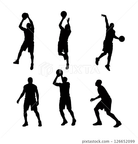 Basketball player silhouette vector set performing different ball game actions and poses 126652099
