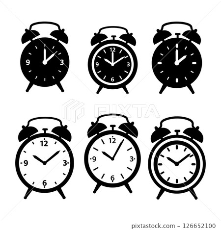 Classic alarm clock icons set in black silhouette style for time concept and wake up illustration vector Classic alarm clock icons set in black silhouette style for time concept and wake up illustration vector 126652100