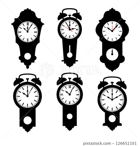 Vintage wall clocks and alarm clock silhouettes vector collection in black and white design 126652101