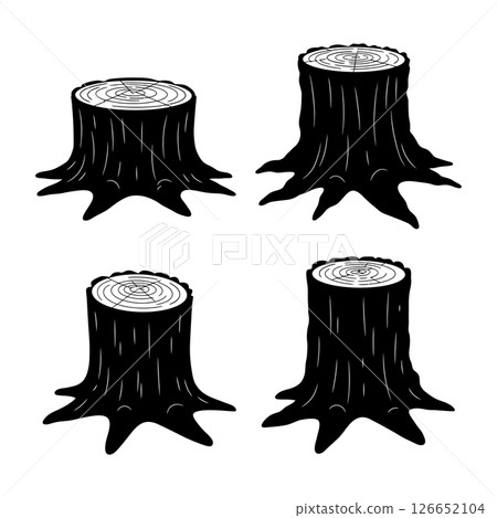 Tree stump vector set with four different black and white wood cut illustrations 126652104