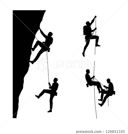 Silhouettes of rock climbers scaling cliff in outdoor adventure activity vector illustration 126652105