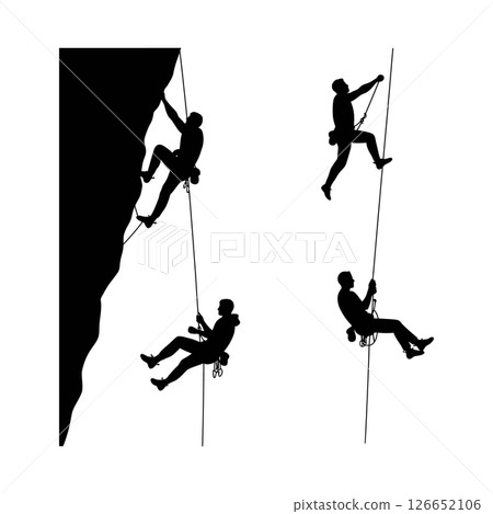 Rock climbing silhouettes with safety rope and harness in outdoor adventure vector illustration Rock climbing silhouettes with safety rope and harness in outdoor adventure vector illustration 126652106