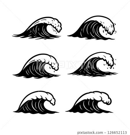 Ocean wave vector set with six stylized curling water illustrations for design use 126652113