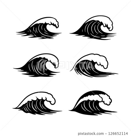 Ocean waves black ink style vector illustrations with crest and splash designs 126652114