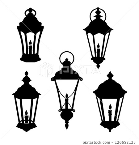 Vintage lanterns collection with candle light silhouettes black vector illustration Vintage lanterns collection with candle light silhouettes black vector illustration 126652123