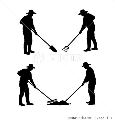 Farmer silhouette working with shovel pitchfork and rake vector illustration set Farmer silhouette working with shovel pitchfork and rake vector illustration set 126652125
