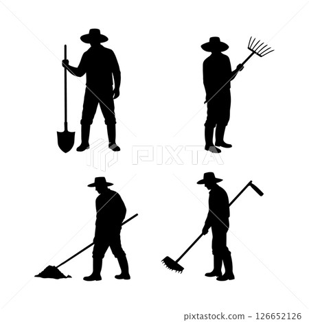 Farmer silhouette set holding shovel rake hoe and gardening tools in work poses vector 126652126