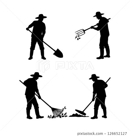 Farmer silhouette gardening with shovel rake and pitchfork in black vector illustration Farmer silhouette gardening with shovel rake and pitchfork in black vector illustration 126652127