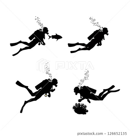 Silhouettes of scuba divers exploring underwater with fish and coral vector illustration 126652135