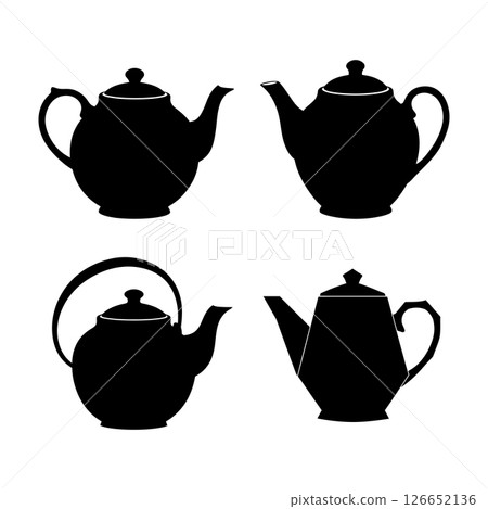 Black silhouette teapots vector set with different shapes for kitchen design and decoration Black silhouette teapots vector set with different shapes for kitchen design and decoration 126652136
