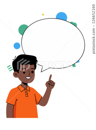 Boy in orange shirt pointing with speech bubble and colorful circles background vector illustration 126652160