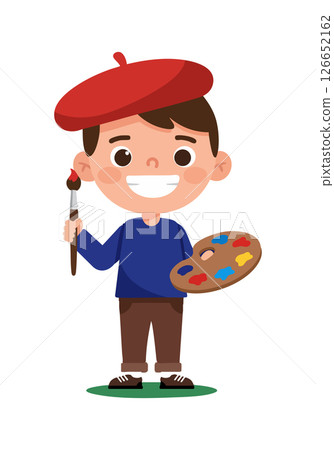 Boy Painter Wearing Red Beret Holding Paintbrush and Palette Vector Illustration 126652162
