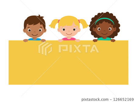 Diverse children holding blank yellow banner illustration with smiling happy kids vector 126652169