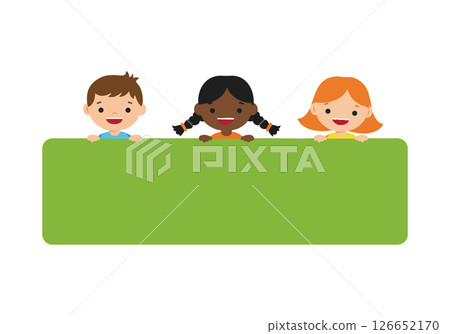 Children holding green banner with happy expressions diverse group illustration 126652170