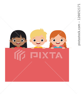 Diverse children holding blank red sign vector illustration with happy expressions 126652171