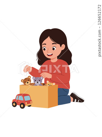 Girl playing with teddy bears and toy car in box illustration vector Girl playing with teddy bears and toy car in box illustration vector 126652172