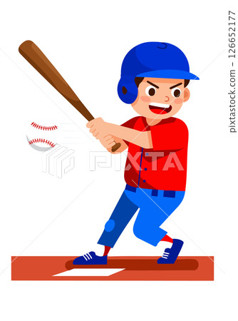 Young baseball player hitting ball in blue helmet and red uniform vector illustration 126652177