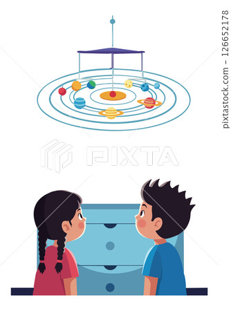 Children observing solar system model with planets and orbit rings educational vector illustration Children observing solar system model with planets and orbit rings educational vector illustration 126652178