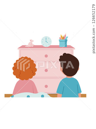 Children watching clock on pink dresser with stationery and toy in bedroom vector illustration 126652179