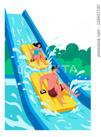 Water slide with man and woman enjoying summer fun on yellow rafts vector illustration 126652187