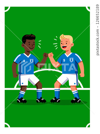 Soccer players team spirit celebrating on green field in blue uniform vector illustration 126652189
