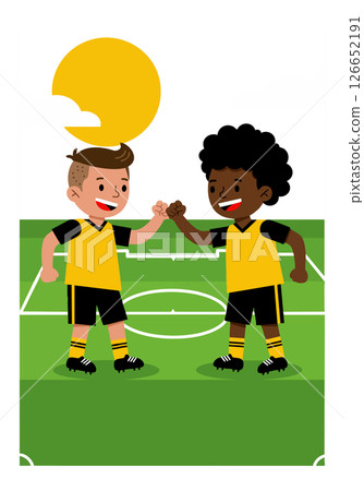 Two Boys Fist Bumping on Soccer Field with Yellow Sun Background Vector Illustration Two Boys Fist Bumping on Soccer Field with Yellow Sun Background Vector Illustration 126652191