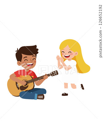 Children enjoying music with boy playing guitar and girl clapping hands in happy moment Children enjoying music with boy playing guitar and girl clapping hands in happy moment 126652192