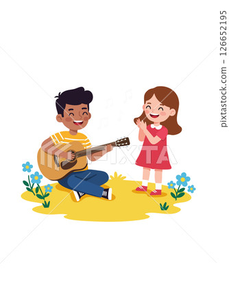 Children enjoying outdoor music playing guitar and clapping hands in garden setting Children enjoying outdoor music playing guitar and clapping hands in garden setting 126652195