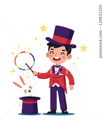Young magician performing magic trick with rabbit and colorful wand in top hat vector illustration 126652202
