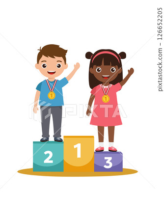 Children standing on winners podium celebrating victory with medals in flat vector illustration Children standing on winners podium celebrating victory with medals in flat vector illustration 126652205