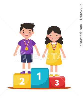 Children standing on winners podium wearing gold medals for competition victory Children standing on winners podium wearing gold medals for competition victory 126652206