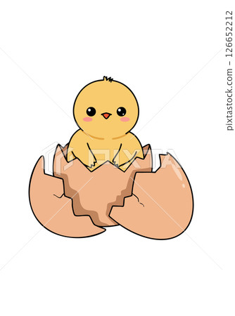 Cute yellow chick hatching from eggshell vector illustration with pink cheeks and black eyes Cute yellow chick hatching from eggshell vector illustration with pink cheeks and black eyes 126652212