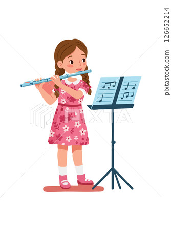 Girl playing flute with music stand in pink dress vector illustration 126652214