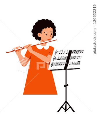 Girl playing flute reading music notes on stand vector illustration in orange dress 126652216
