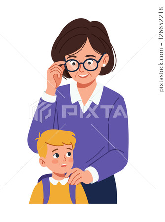 Teacher Helping Young Student Wearing Glasses in Classroom Vector Illustration 126652218