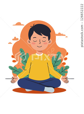 Boy meditating in lotus pose with autumn leaves and orange background vector illustration Boy meditating in lotus pose with autumn leaves and orange background vector illustration 126652222